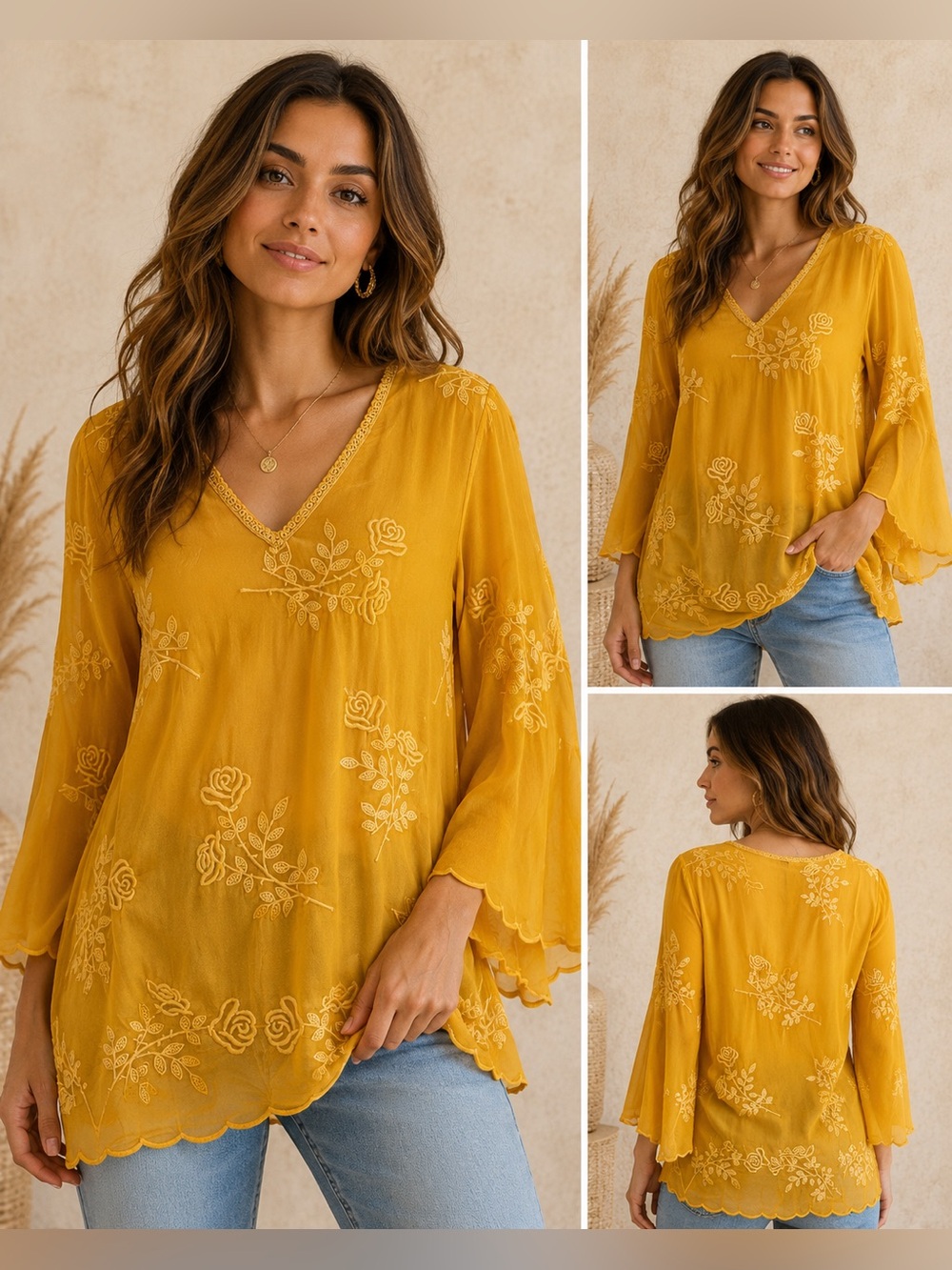 Johnny Was Silk Blend Embroidered Rose Blouse M Mustard Yellow Boho Tunic Top